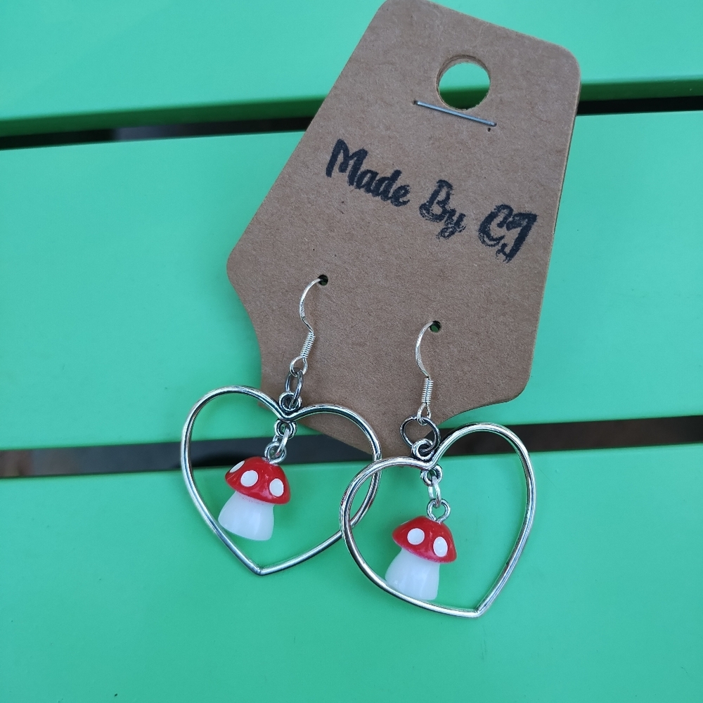 For the love of mushrooms earrings. Hypoallergenic 925 Silver heart red mushroom